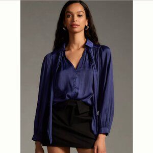 By Anthropologie Draped Navy Blouse with V-Neck Popover Top– Size L